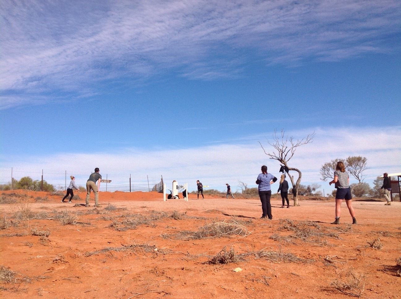 Match in progress, the white corner post in the centre of the image in front of the dingo fence just south of the NSW border.